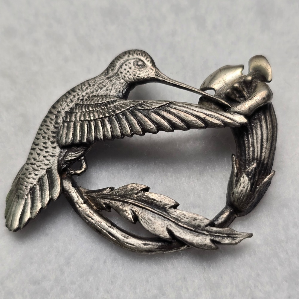 Vintage 1970 Sid Bell Tully NY Brooch Pin Silver Tone Hummingbird Flower 14.58ge